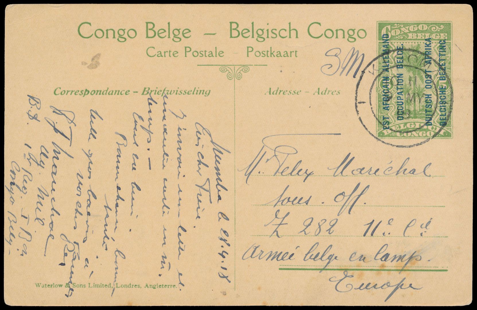 1918, EAAOB postal stationery 11 written at Niemba  on 28 April 1918 and posted in SM (Military postage free) at Kigoma to Armée Belge en Campagne / Z282 code, sent by a military agent of 