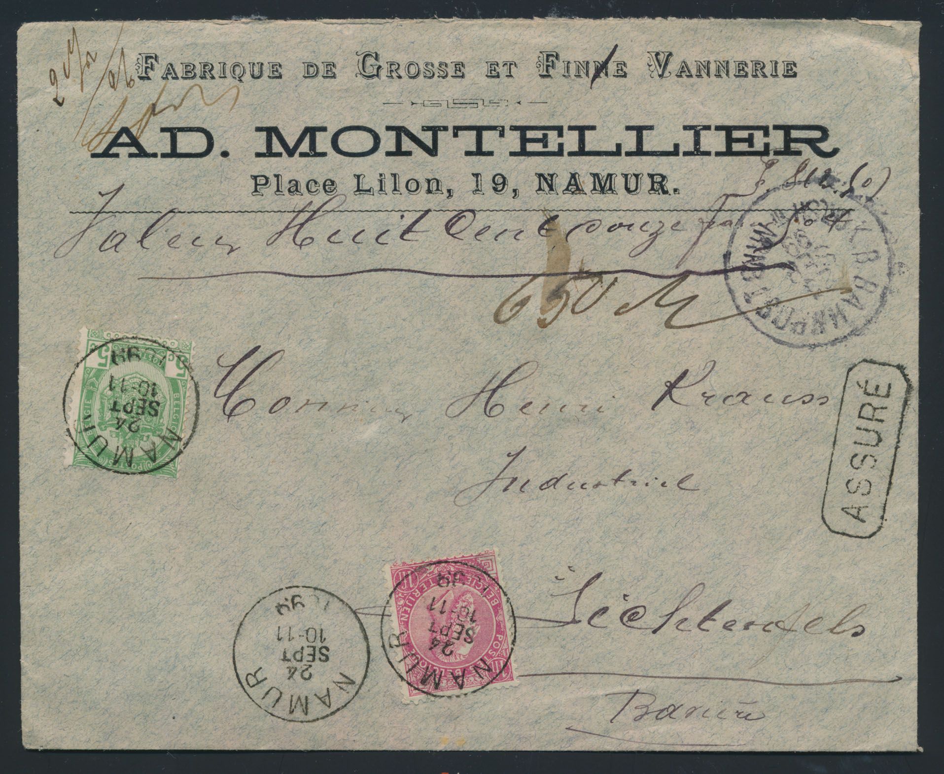 1899 Nos 56 and 64, insured letter of 812 francs, weight 21 grams, sent from Namur, dated 24/09/99, to Lichtenfels (Germany). Back 6 wax seals, franking 105 Centsiem, vf.