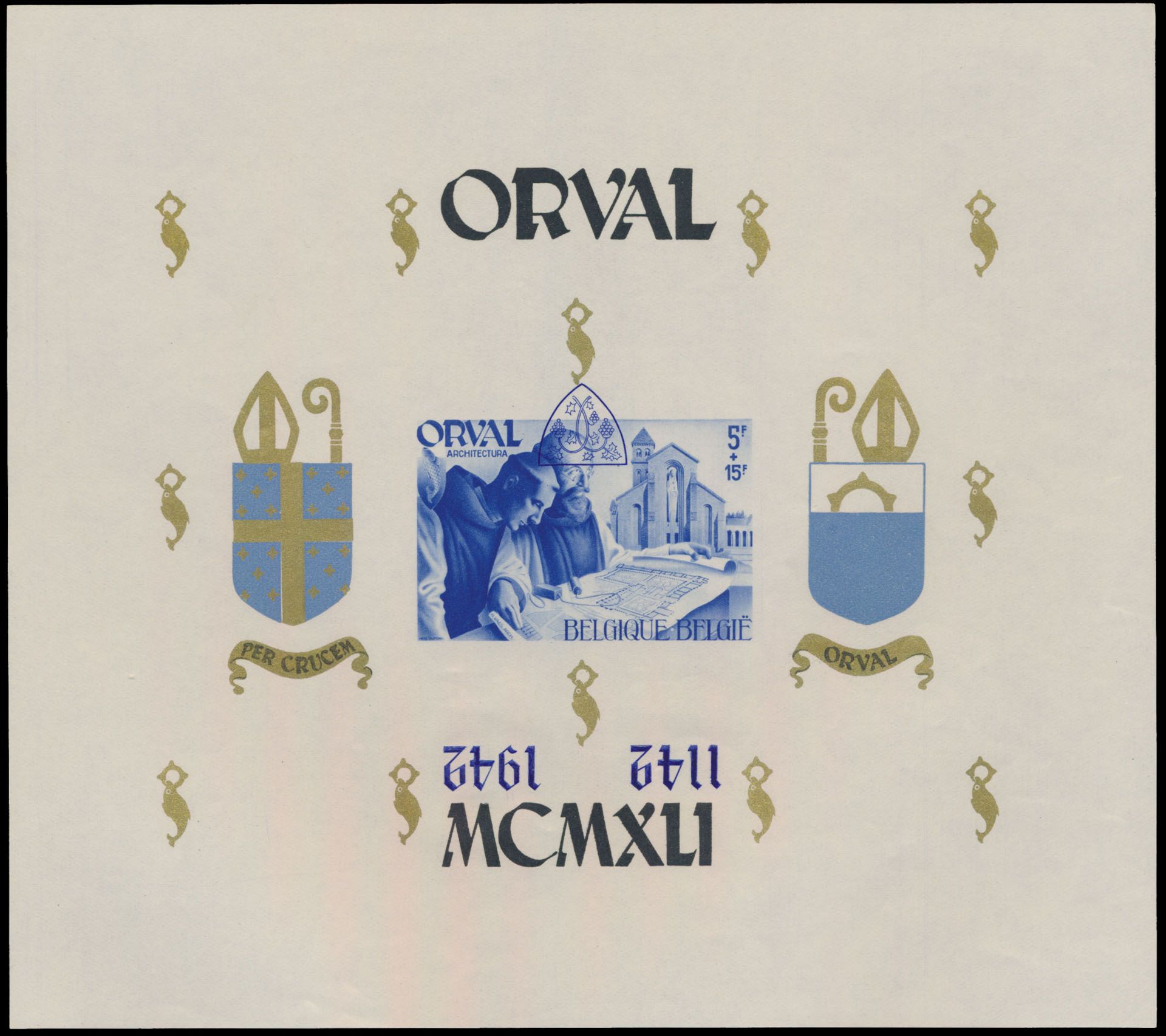 BL 23-Cu, English numerals, imperforate, NOT numbered, with inverted blue overprint (shield and 1142 1942), vf (OBP ++€350)