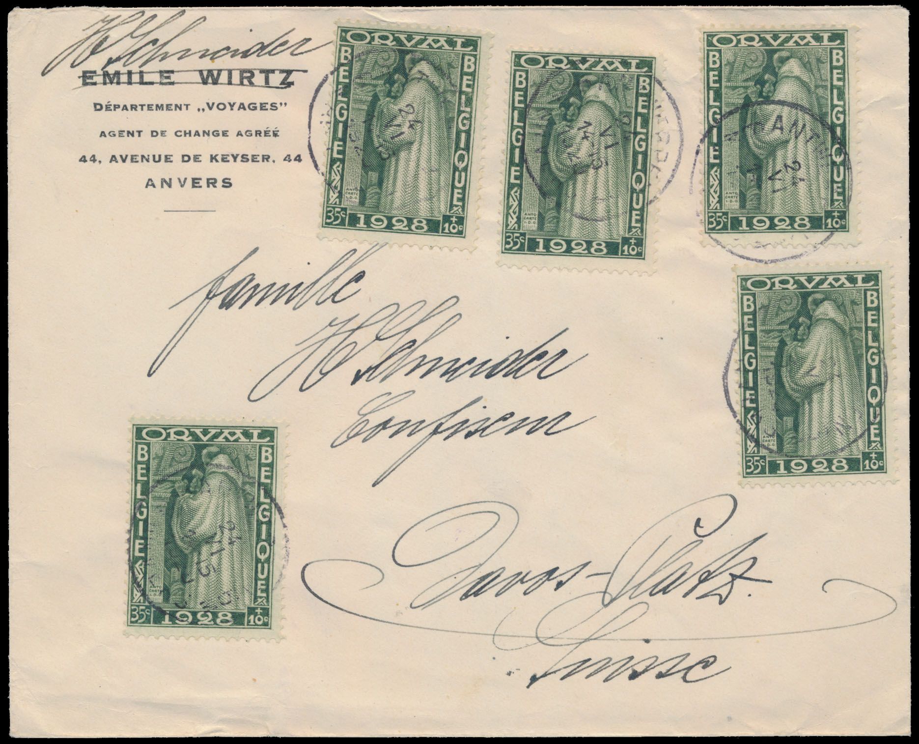 1927, brief verstuurd uit Antwerpen (24/6/29) naar Davos-Platz/ Zwitserland, gefrankeerd met (OBP) N° 260 (5x), zm.
