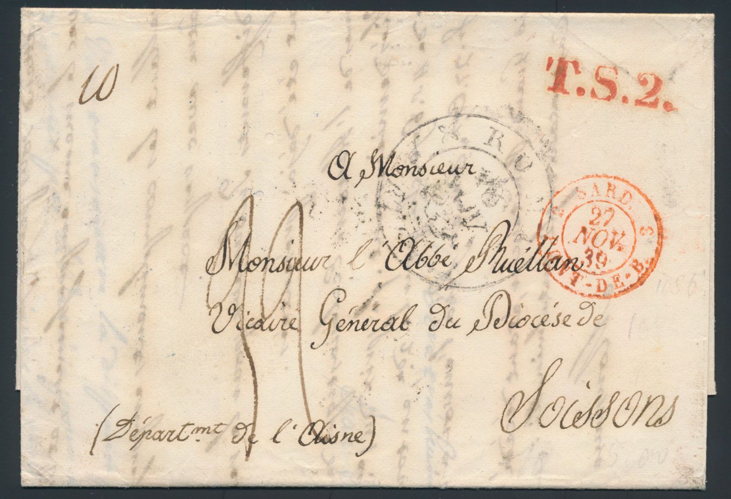 1839, voorloper met inhoud, vanuit Rome, dd. 16 november 1839, naar Soissons (Frankrijk). Meerdere mooie stempels 