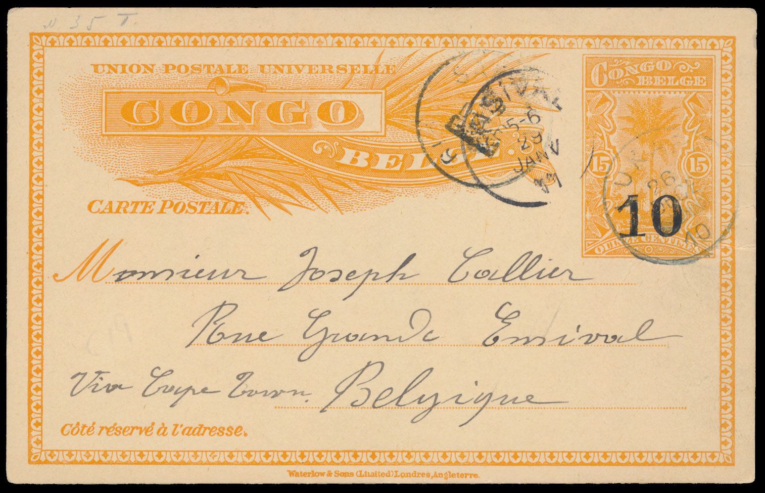 LUKAFU used at ELISABETHVILLE, postal stationery Stibbe 35T sent from Elisabethville on 26 December 1910 to Ensival / Belgium via Sakania, vf