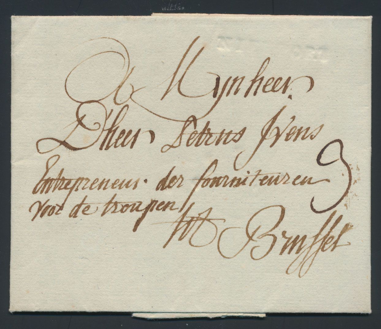 1777 Voorloper met inhoud, vanuit Nieuwpoort (Droogstempel - Herlant 11), dd. Februari 1777, naar Brussel, port 3 decimen, mooi manuscript 