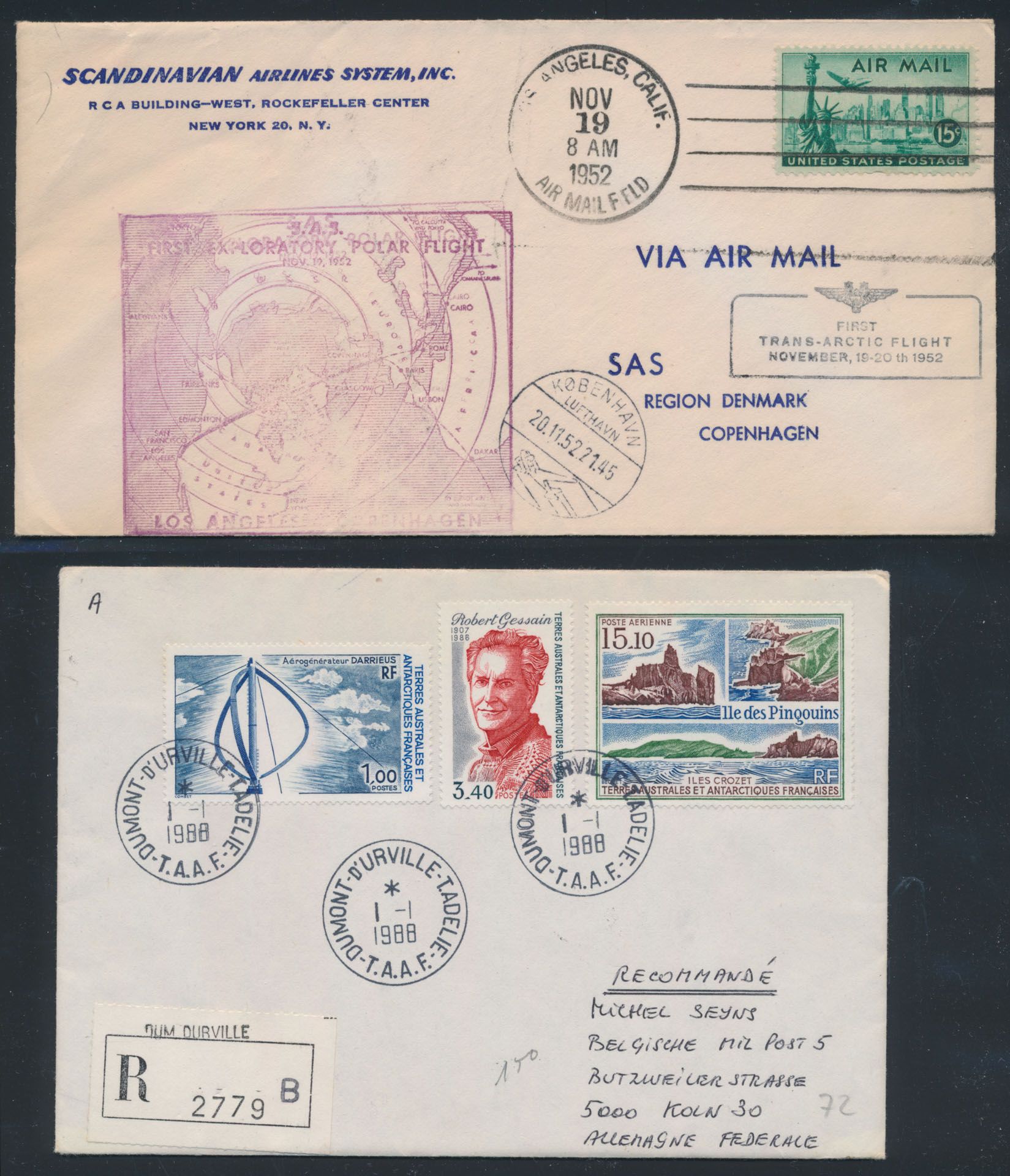 Nord- und Südpol, 4 Briefe, mit 3x T.A.A.F. nach Deutschland und 1x USA Erster Flug Transantarctic von Los Angeles nach Dänemark, zm