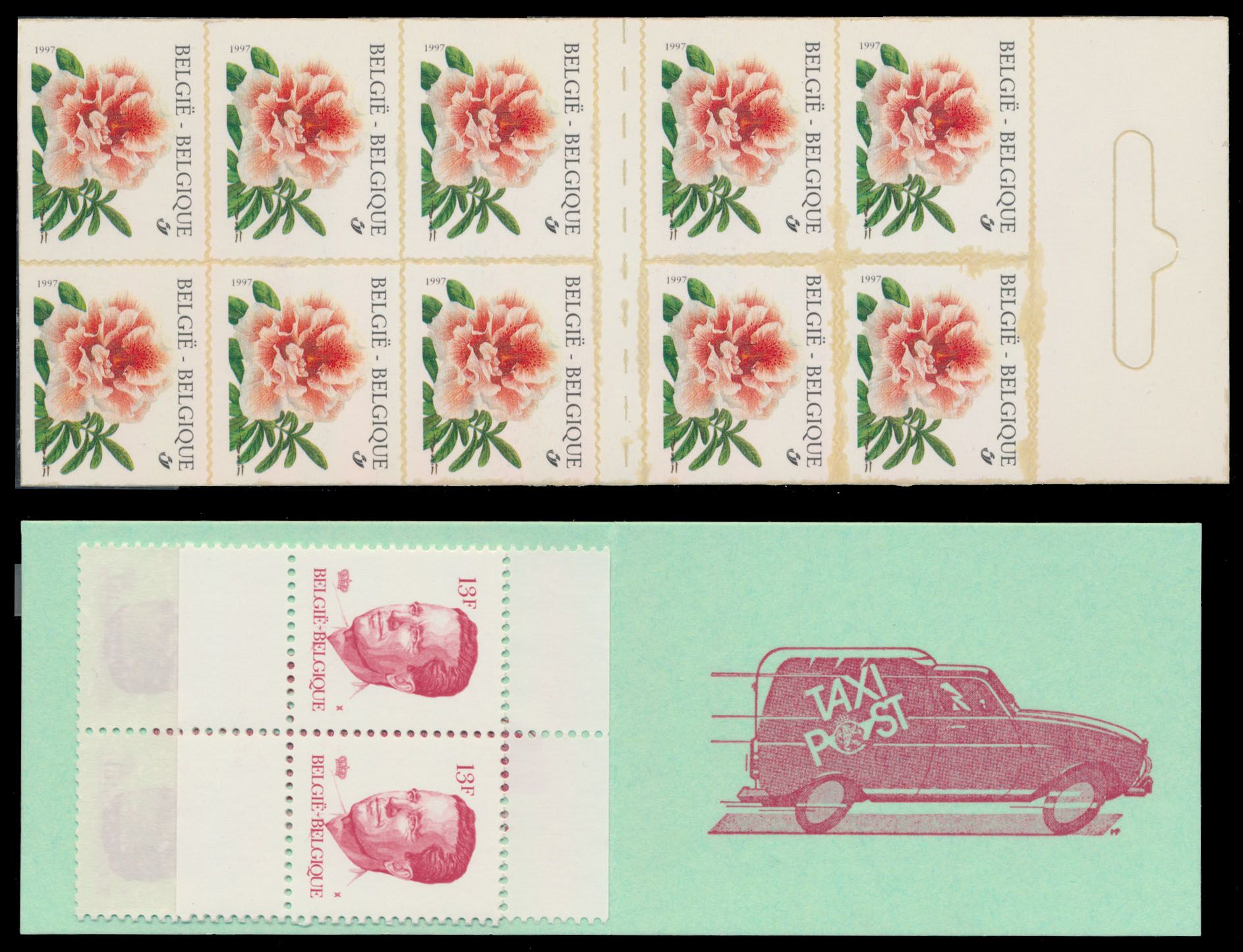 B-18 V 'Taxipost' met variëteit 'Auto naar boven' + B 29A 'Rhododendron' met gewijzigde tekst, zm (OBP € 230)