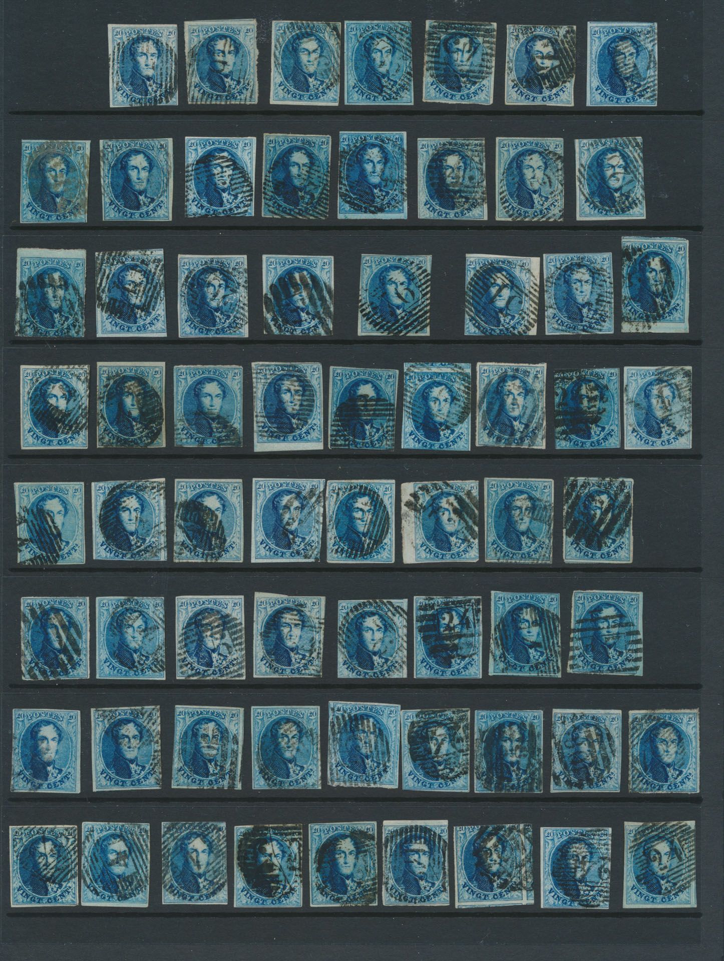 Médaillons non dentelés ''20c. bleu,'', 90 timbres et 2 paires, qualité variable, mais avec de belles oblitérations, voisins, griffons, bords de feuilles, etc., zm/m/ntz