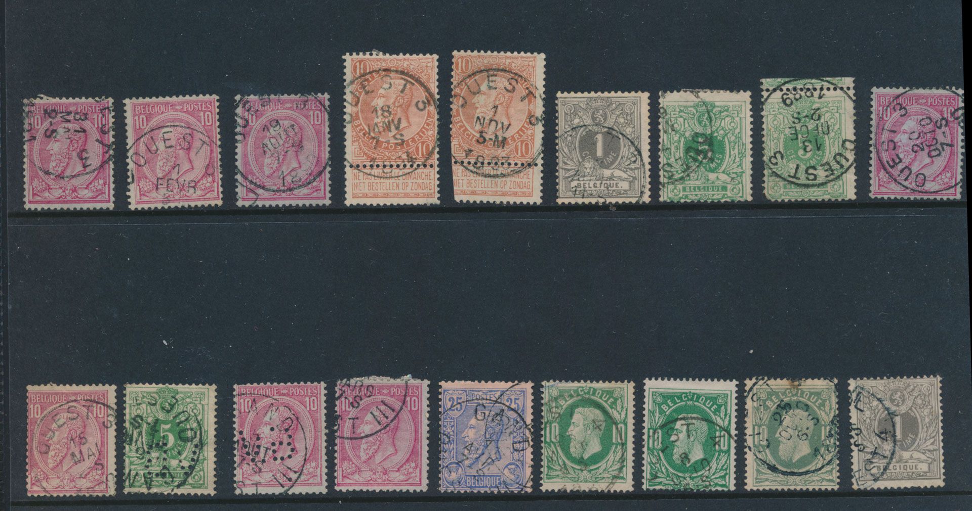 Ambulante samenstelling van 'Ouest' , (OUEST 1, OUEST 2, OUEST 3, OOEST 4, OUEST IV, OUEST 5, OUEST V, OUEST 6). Op verschillende zegels zoals, N° 30, N° 46, Liggende leeuw….  38 exemplaren, zm/ntz
