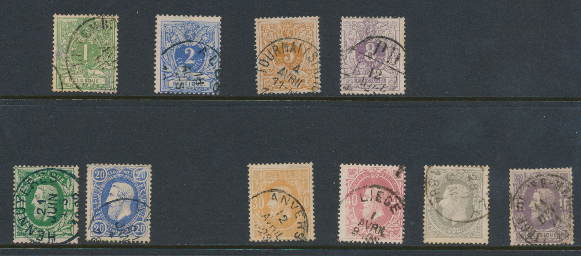 No 26/36, 'Reclining lion - Portrait of Leopold II', (except No 32), some better cancels, vf
