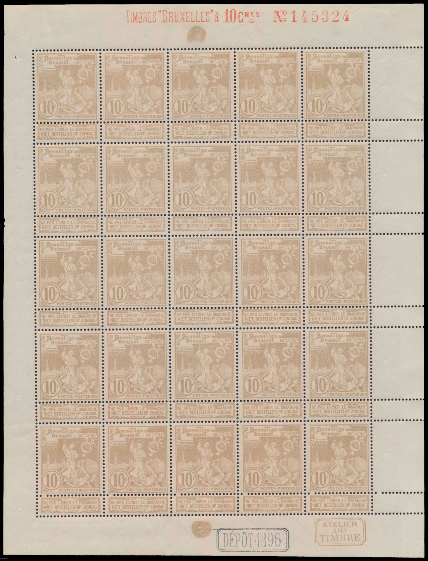 No 72 '10c lightoker' (sheetlet of 25) with very nice margin inscription, vf (OBP €625)
