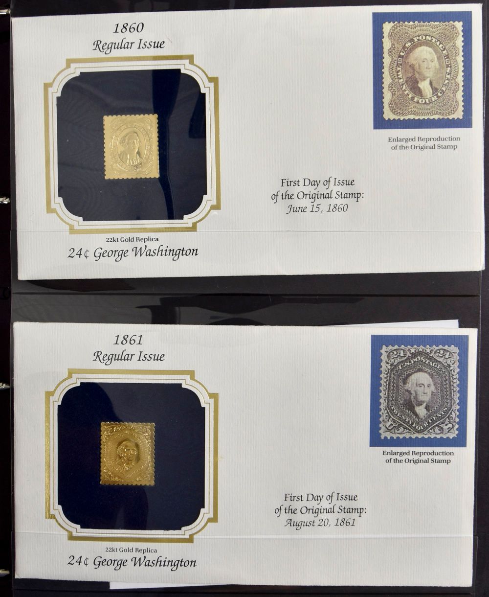 Verzameling gouden replica's op enveloppen in ringband vanaf zegels 1860, 22 karaat goud (34 stuks), zm