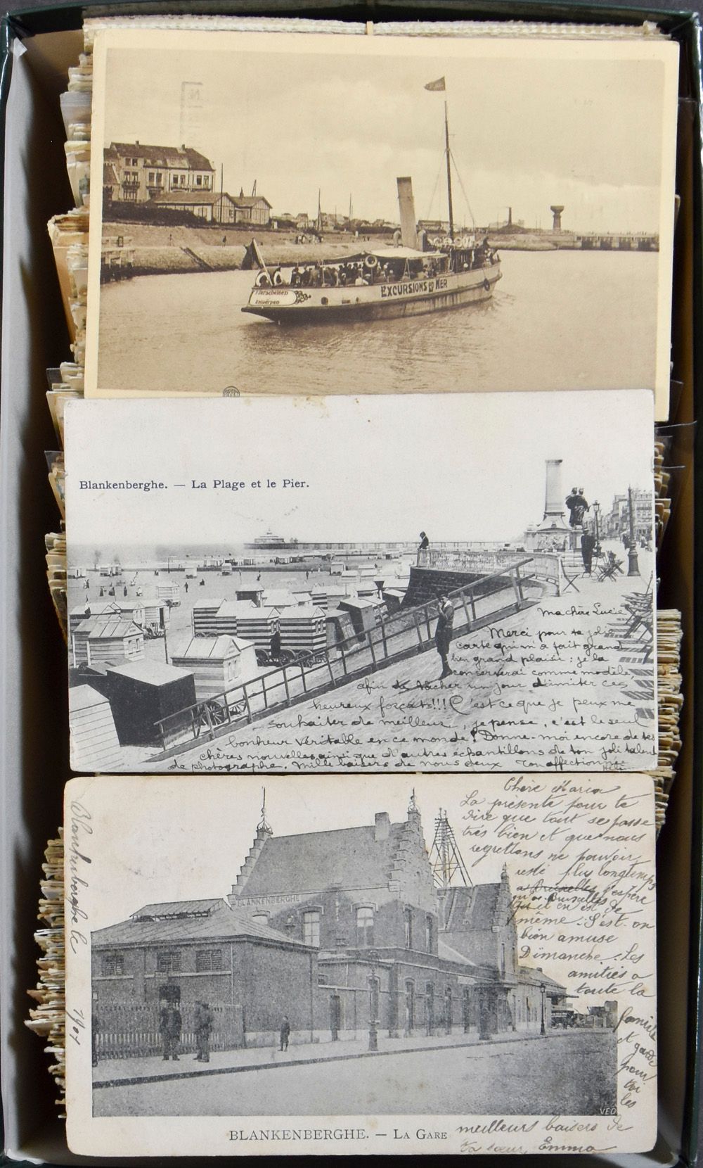 Diverses localités, cartes anciennes, dont Blankenberge (150), Ostende (150), Bruges (120), Zeebrugge (120) et Nieuwpoort (120) (total 660 pièces).