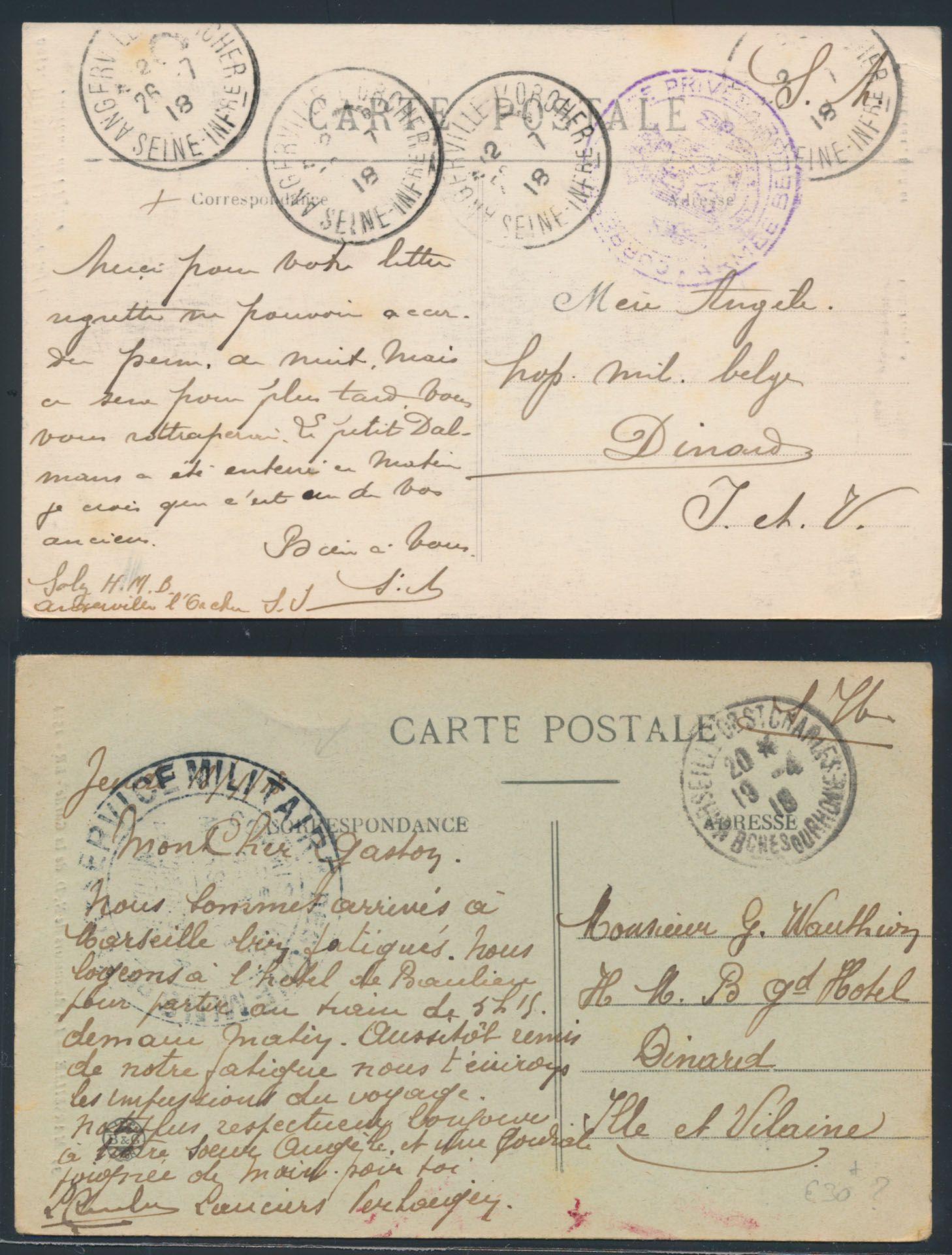 1918, 25 Franse zichtkaarten in 'SR' verstuurd naar 'HMB/ Dinard/ Frankrijk' sommige met rondstempel 'Correspondance privée- Armée Belge' in het zwart en violet, zm.