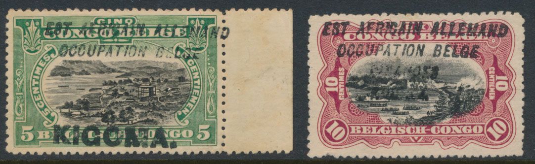 Faux (2x) - 5c vert et 10c carmin type 1 de l'émission bilingue 1915 de Mols avec fausses surcharges EAAOB et Kigoma, pour spécialiste, à vérifier.