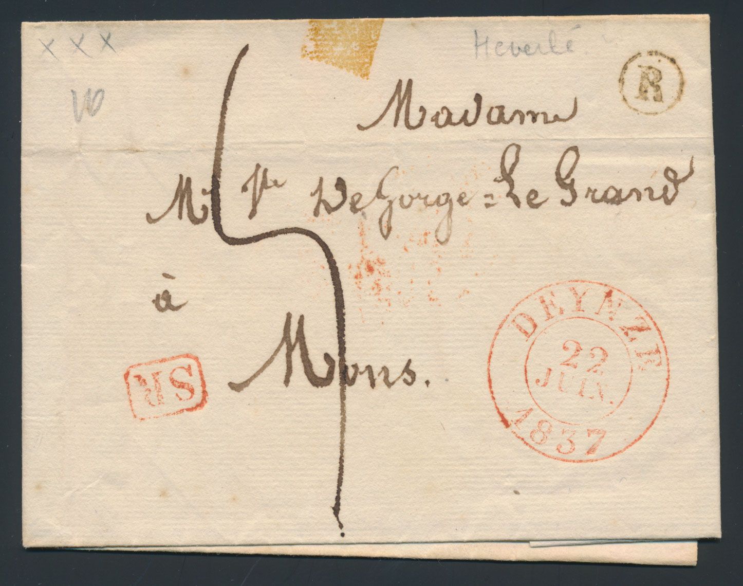 1837, voorloper zonder inhoud, maar info (Nevele - 22 juni 1837) op de rand, afgestempeld Deynze (Herlant 9), met postbusstempel 