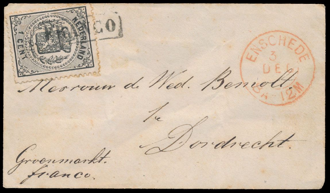 1869, damesbriefje met enkelfrankering N° 14 'Rijkswapen 1 cent zwart' van Enschede naar Dordrecht, zm.