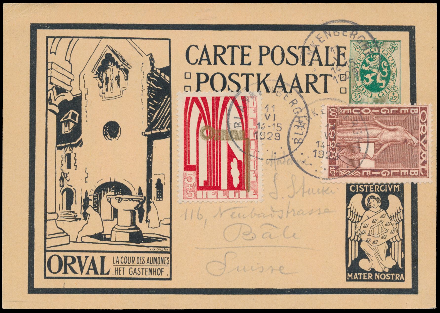 Klassiek geillustreerd N° 5, Orval, gelopen stuk, zwart (het gasthof), vanuit Blankenberghe (afstempeling T4R 13) naar Bâle (Zwitserland), dd. 11 juni 1929. De PWST is bijgefrankeerd met N° N° 258 en N° 261. ( N° 258 op PWST is moeilijk te vinden), zm (OBP €80)