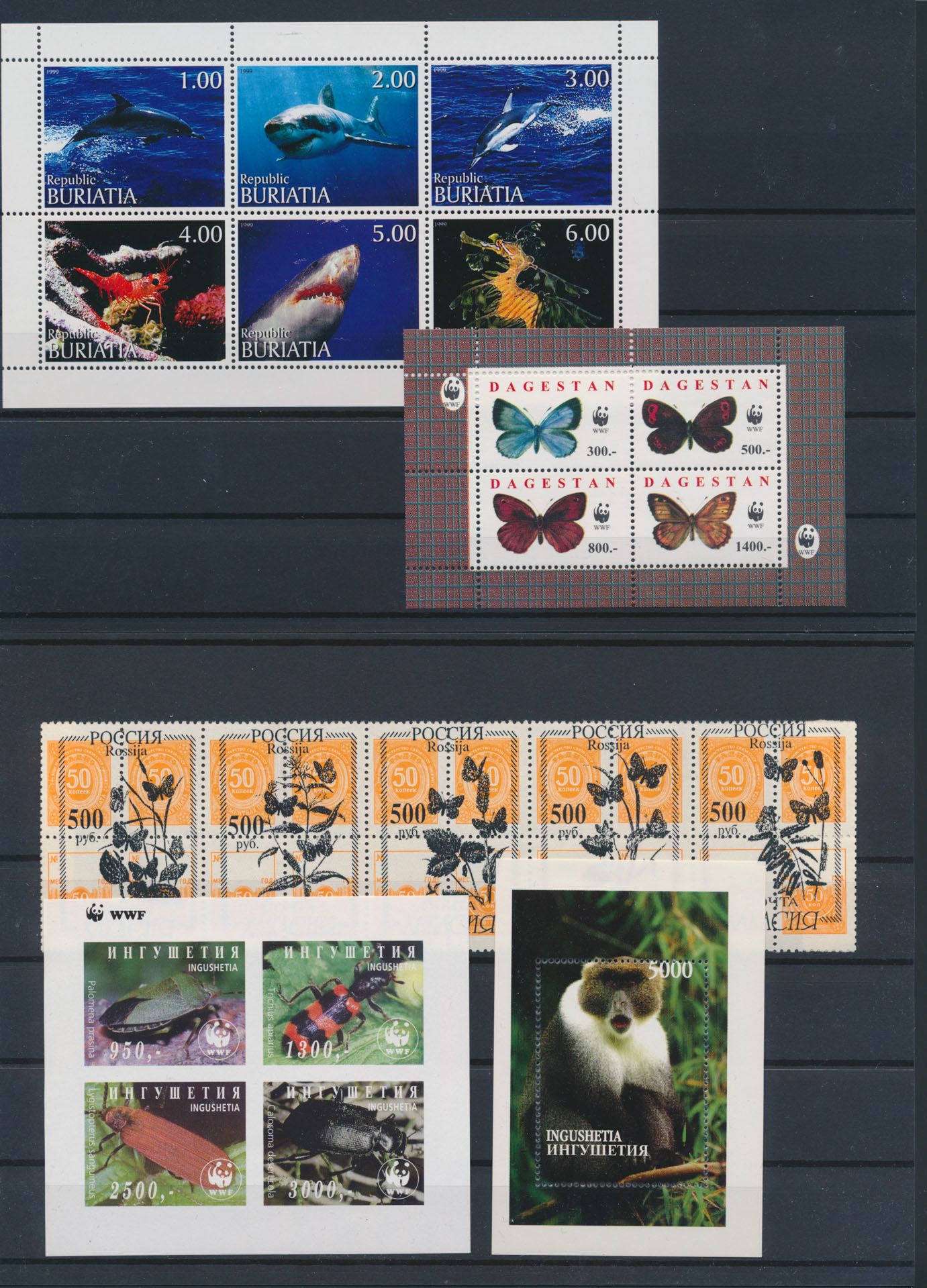 Fauna en Flora: Voormalige Russische gebieden/Lokaaluitgiften, grote voorraad blokken, velletjes, etc., vrijwel alleen fauna en flora, grotendeels postfris, zm