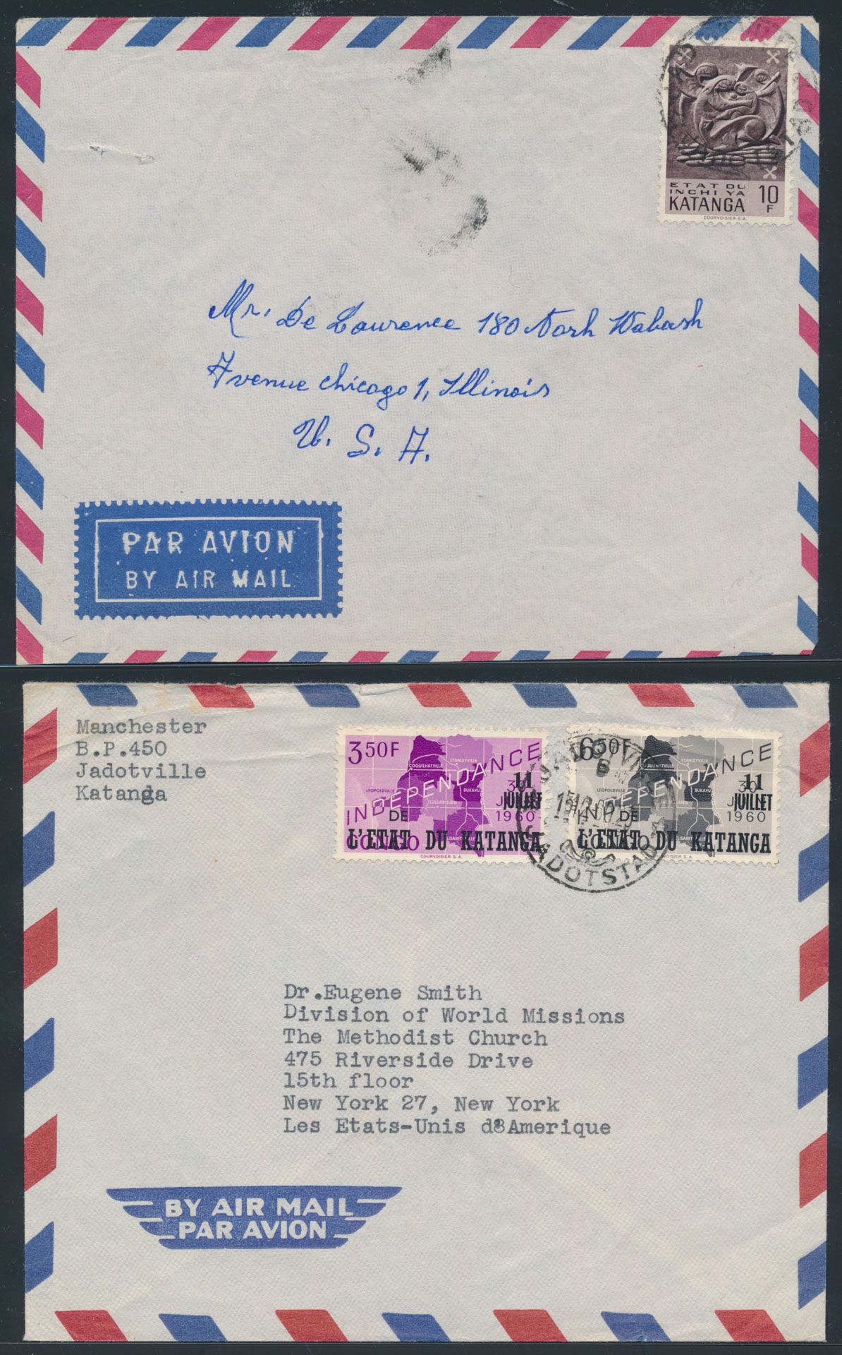 1960/1962, 2 airmail covers sent from Jadotville (B and I) / Katanga Free State to USA, at correct franking of 10 Fr, vf