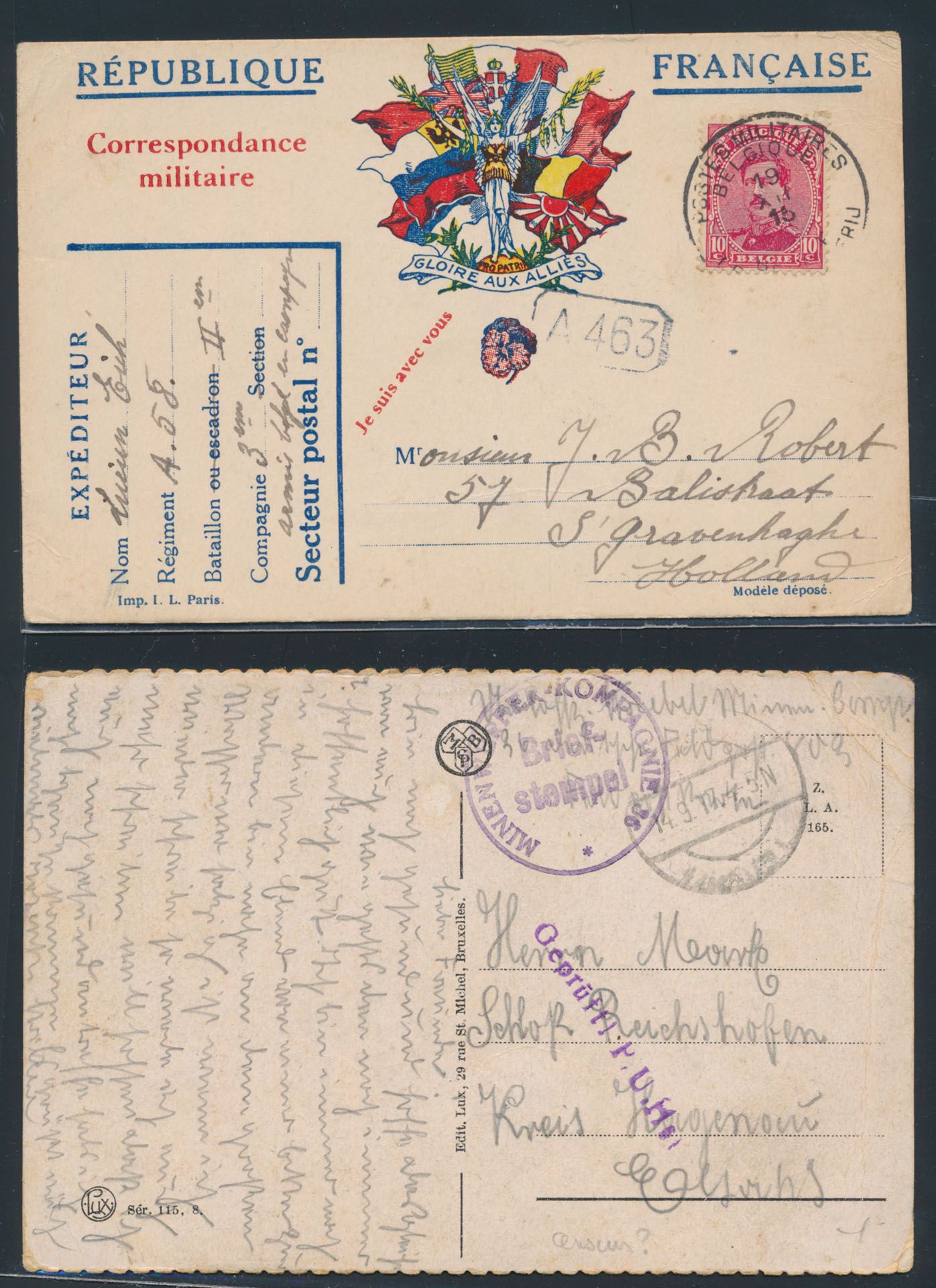 1915/1919, kleine verzameling van 33 poststukken, diverse frankeringen, censuren, rondstempel Correspondance privée- Armée Belge, HMB, België Legerposterij stempels, enz..., mooi studiemateriaal, zm/m/ntz