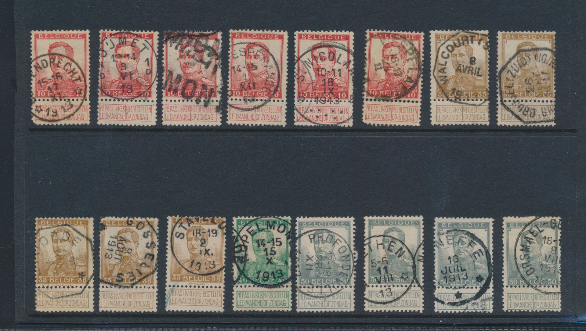 Emission Pellens, collection de cachets sur 57 exemplaires (dont 7 x N° 117), chemin de fer, télégraphe, journal, nom, relais, etc., voir scans - pour le spécialiste, zm/m/ntz (Haut catalogue) 