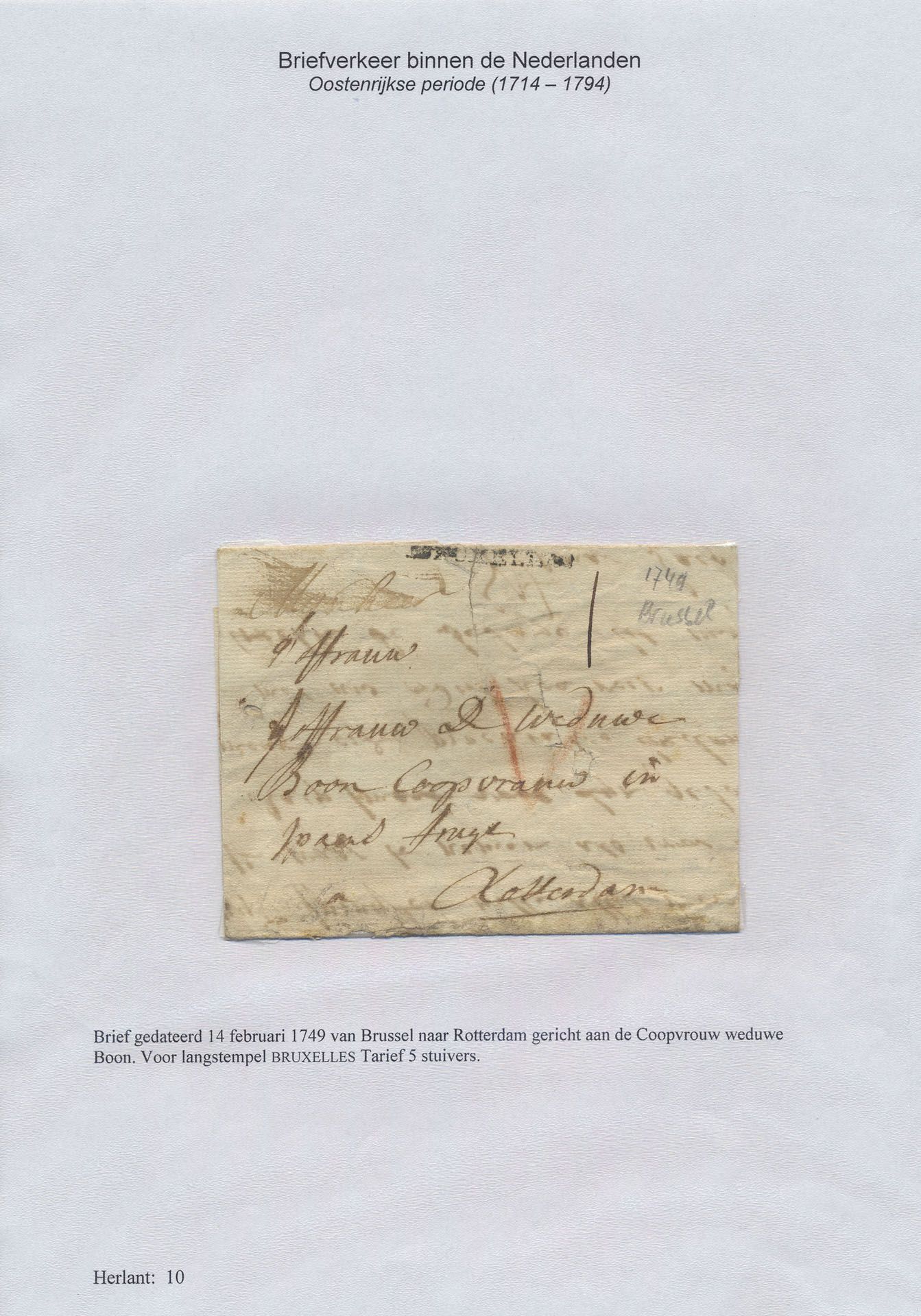 1749 Voorloper met inhoud, vanuit Brussel (zwarte naamstempel 