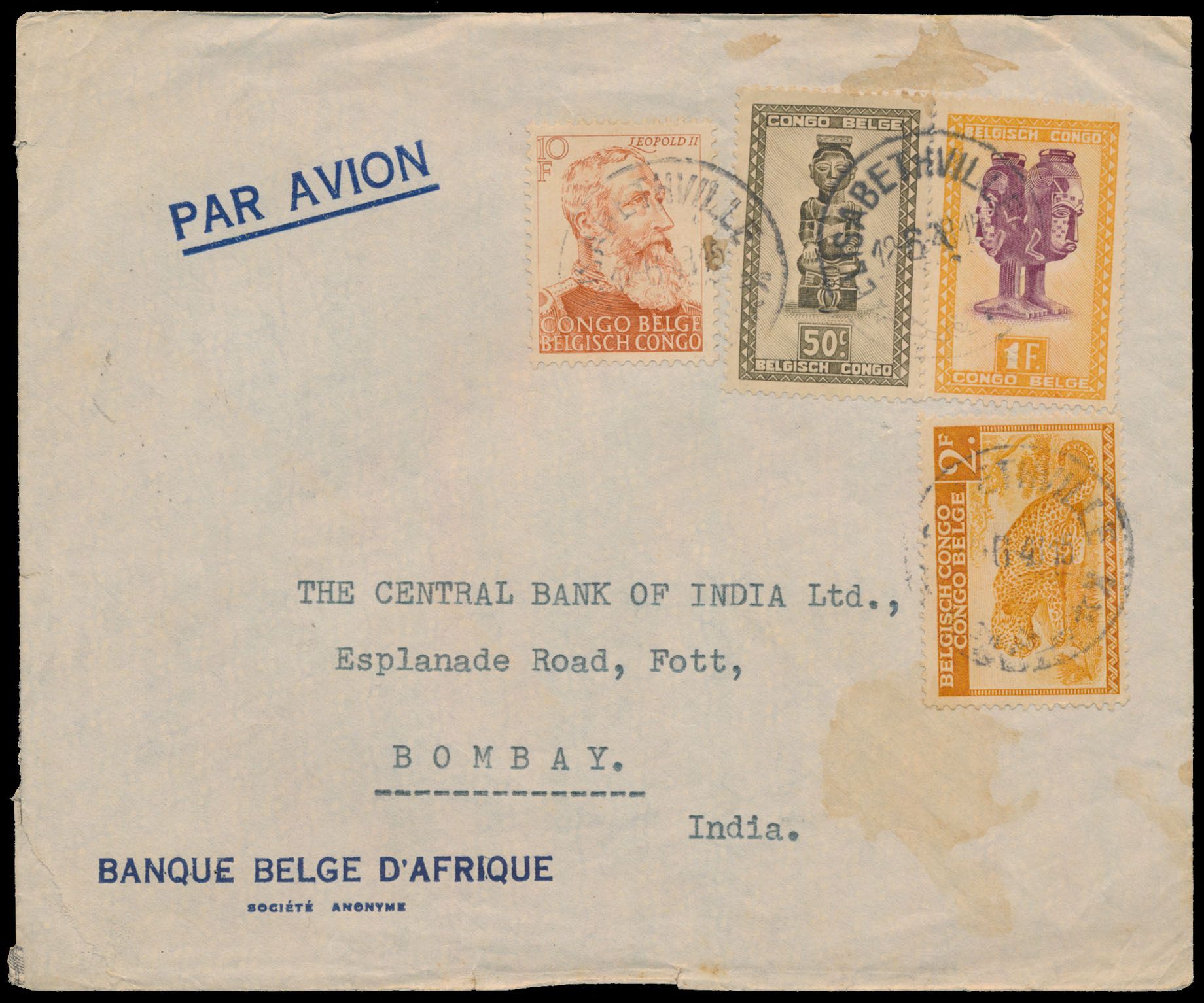 1948, airmail cover sent from Elisabethville on 12 June 1948 to Bombay / India, franked at 13,50 Fr - scarce, vf/f