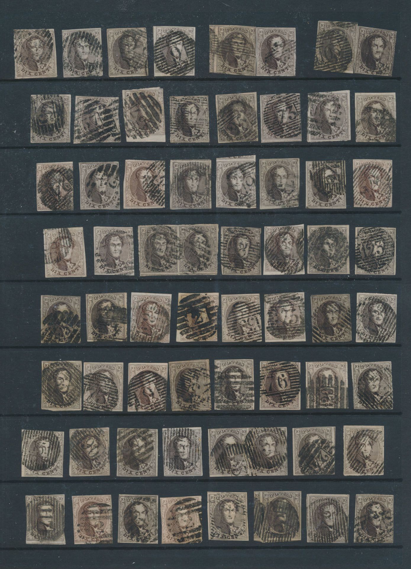 Médaillons non timbrés '10c brun', 88 timbres et 3 paires, qualité variable, mais avec de belles oblitérations, voisins, griffons, bords de feuilles, etc., zm/m/ntz