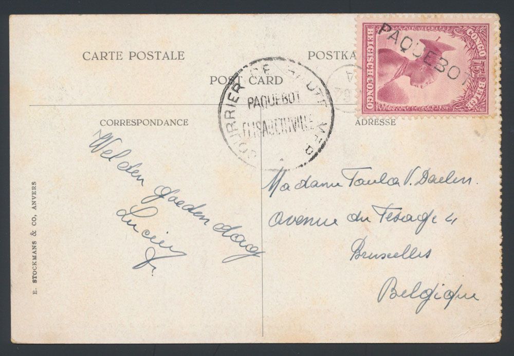 1935 (circa), OBP n° 175 used on CMB picture postcard written on board of paquebot ELISABETHVILLE (cancel on the card), sent to Brussels / Belgium, stamp cancelled by straight-line mark 