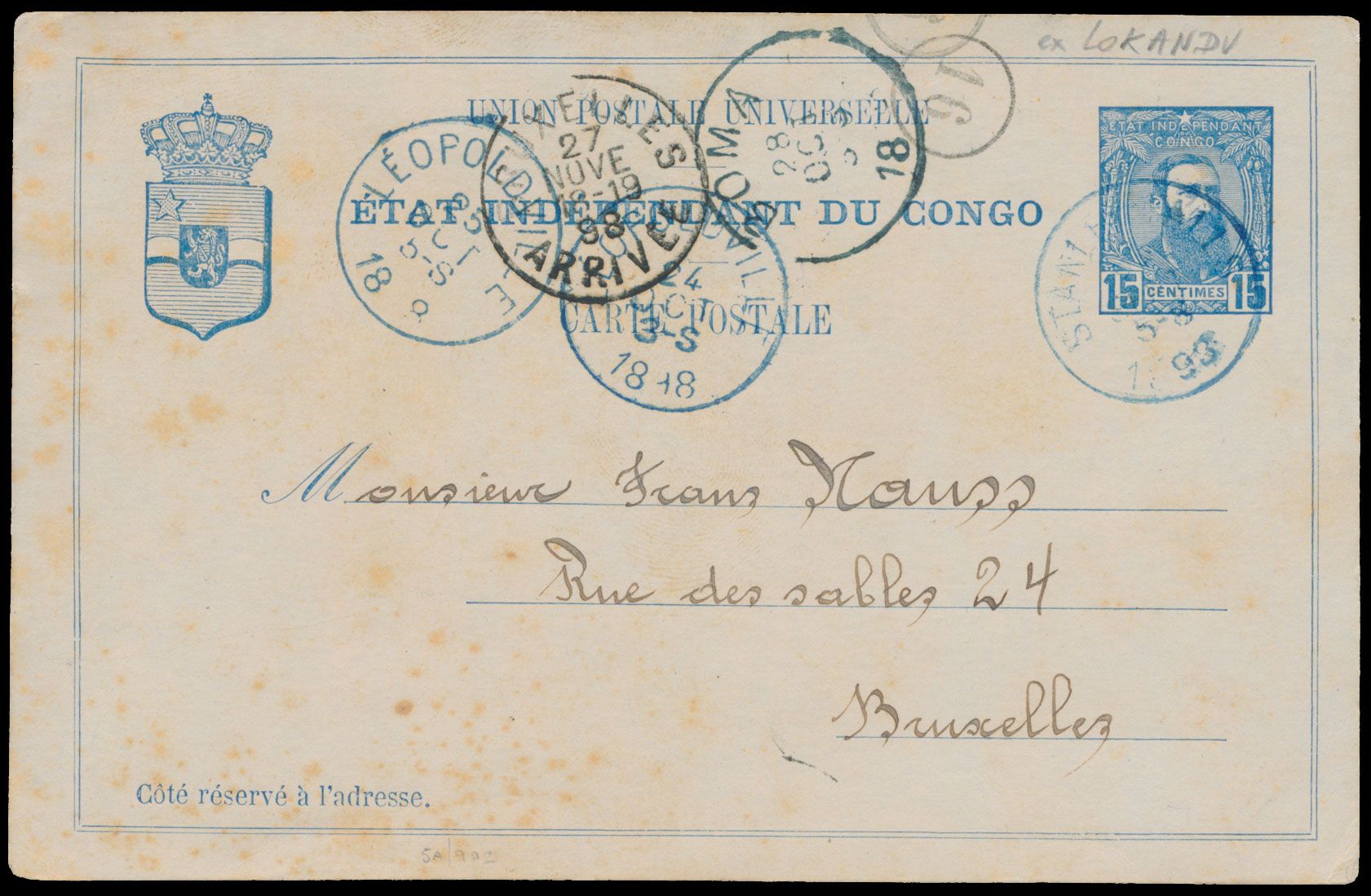 STANLEY FALLS, postal stationery dated Lokandu 15 September 1898 and posted at Stanley Falls to Brussels and transit by Leopoldville and Boma, vf/f