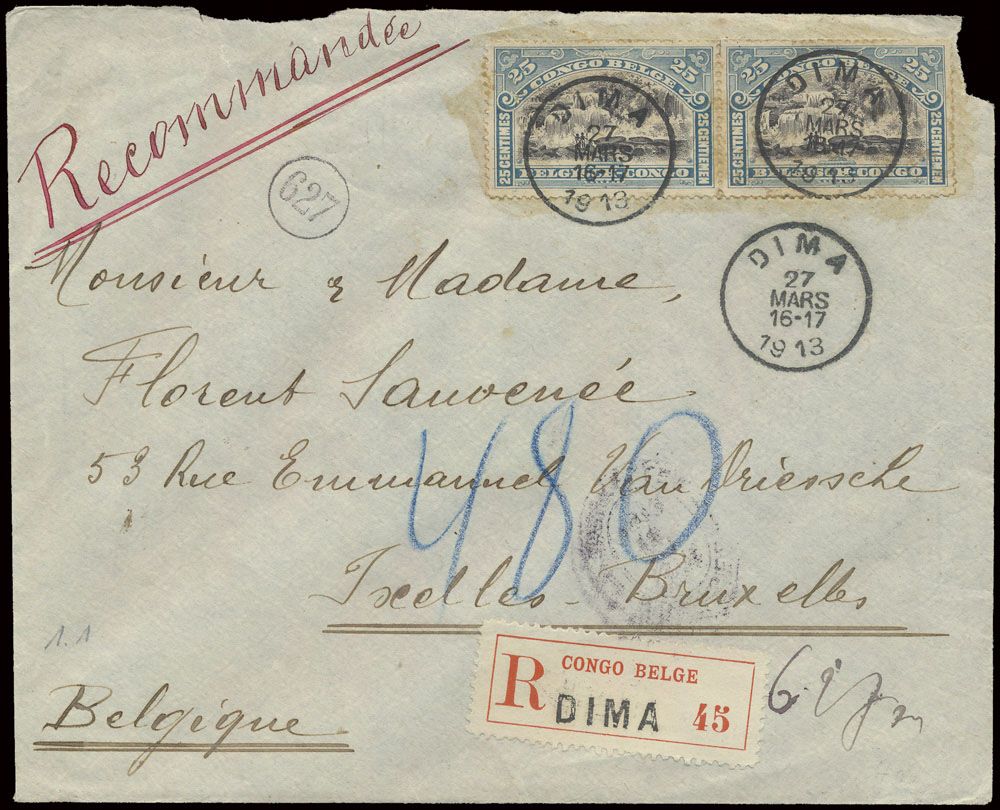 1913, registered cover, franked with OBP n° 57 (horizontal pair) 