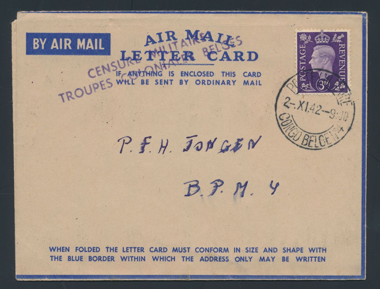 1942, British Air Letter sent from BPM 4 (at Ibadam / Nigeria) on 2 Novembre 1942, unwritten, with 