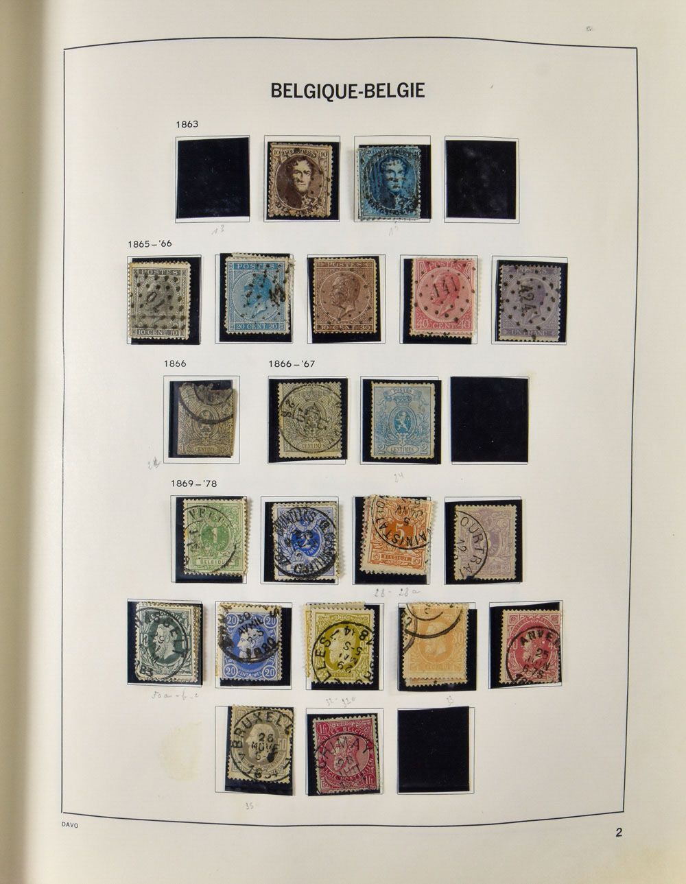 1851/1965 Verzameling in album Davo, w.o. stempels, BL 1 *, 1° Orval * + gest., kastelen *, Ridder *, Atletiek **, Schrijvers **, Brugge **, zm/m/ntz