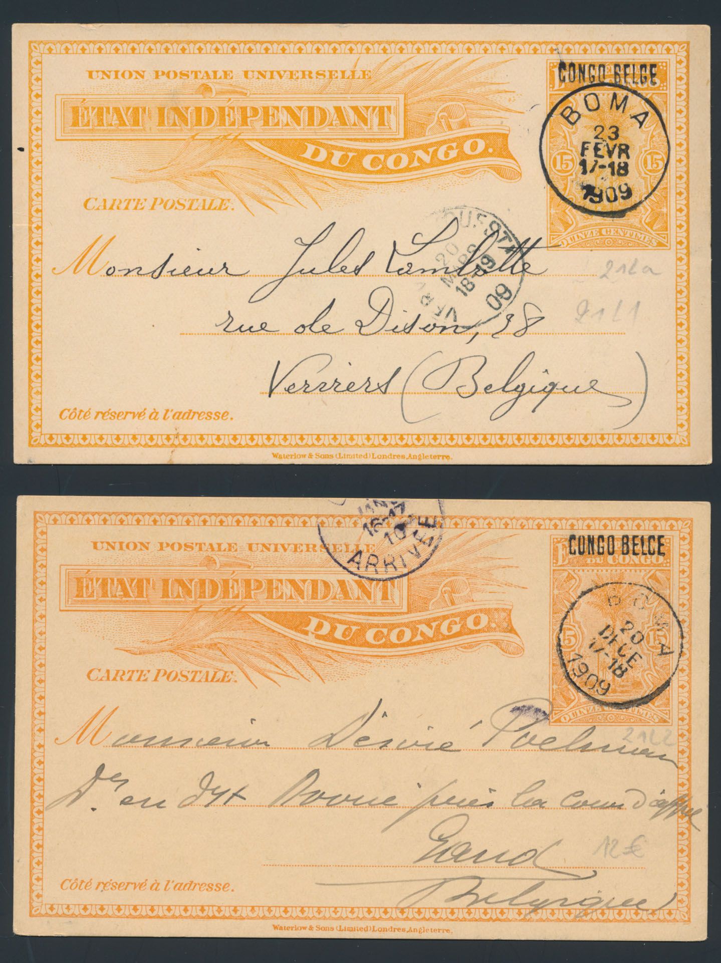 Postal stationery Stibbe 21 L1 and 21 L2, 2 different shades of orange colour, both used from Boma/ Belgian Congo 1909 to Belgium, zm
