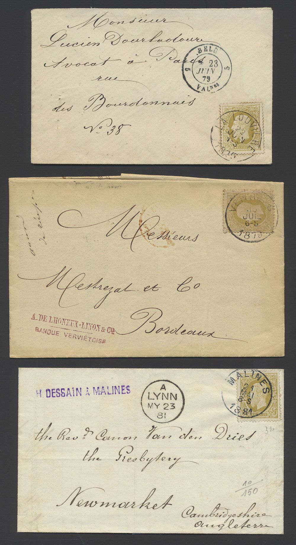 3 Briefe ins Ausland mit N° 32 