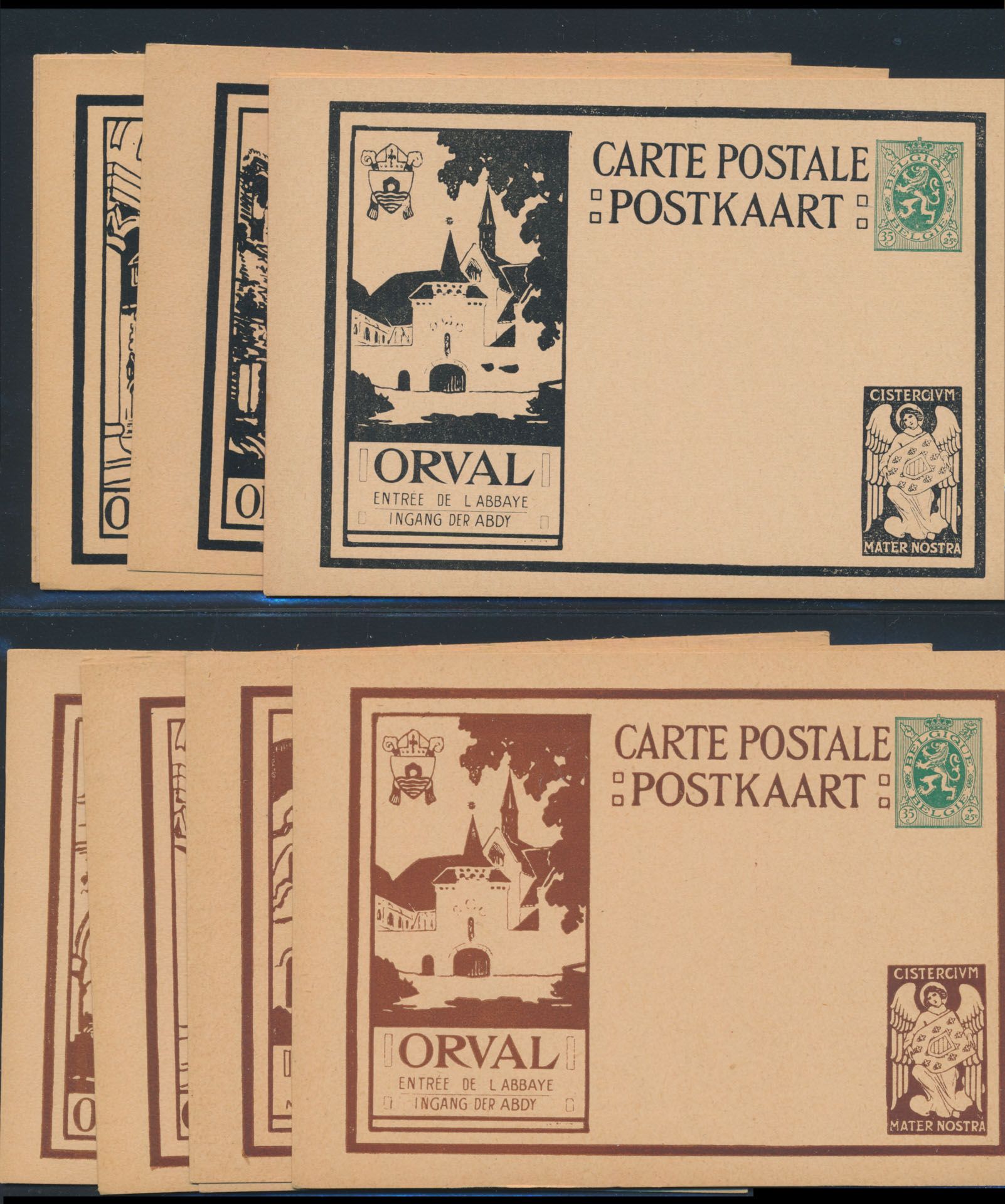 Orval, geïllustreerde postkaarten met- en zonder engel (in rechterbenedenhoek), de 2 reeksen van 12 stuks, zm.