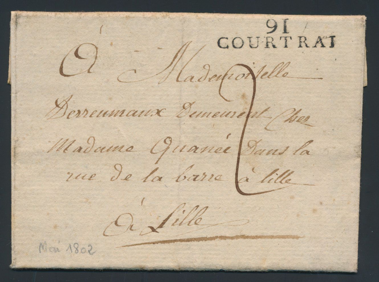 1802, Vorläufer mit Inhalt, aus Kortijk 91 Courtrai (Herlant 37), dat. 31 mai 1802, nach Lille, Tarif 2 deciemen, einwandfrei, zm