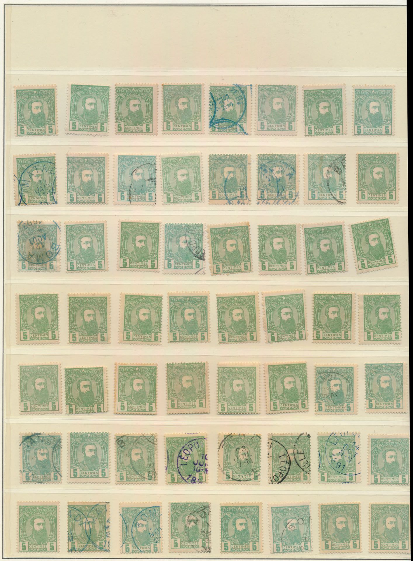 1887, Sammlung auf Lechtturn Blättern von 100 Briefmarken von 1887 Ausgaben (5c grün (65x), 10c karminrot (23x), 50c braun (7x), 50c grau (2x), 25F grau und 50 F grau (2x)), verschiedene Schattierungen, interessant für Studium, vf/f/zu prüfen