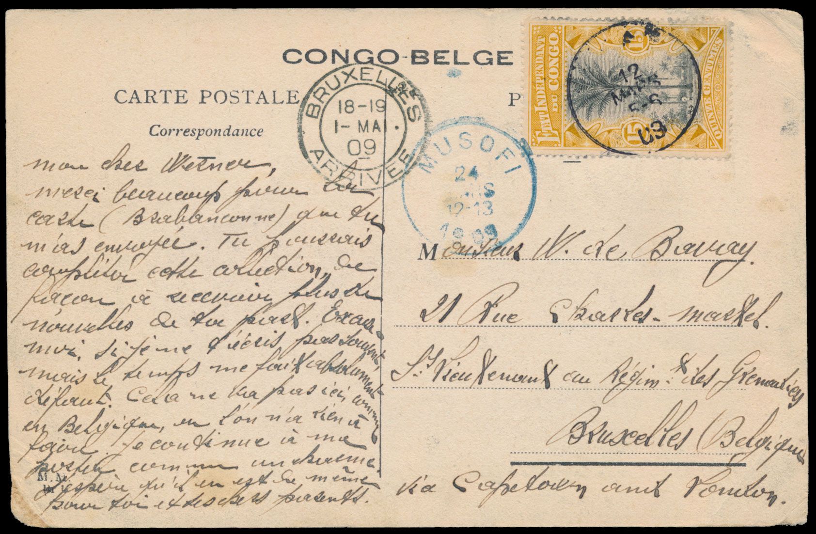 MUSOFI, picture postcard sent from Lukafu on 12 March 1909 to Brussels / Belgium, transit by Musofi (in blue), scarce cancellation, vf
