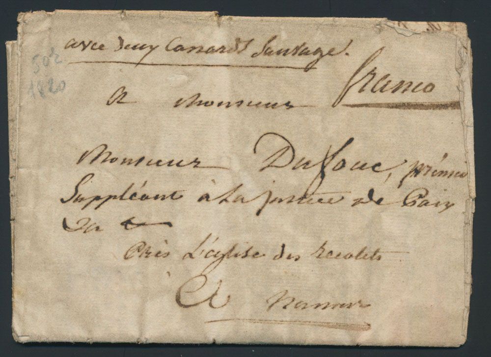 1820, 3 voorlopers met inhoud vanuit Saint-Remy naar Namen. Alle drie hebben mooie manuscripten