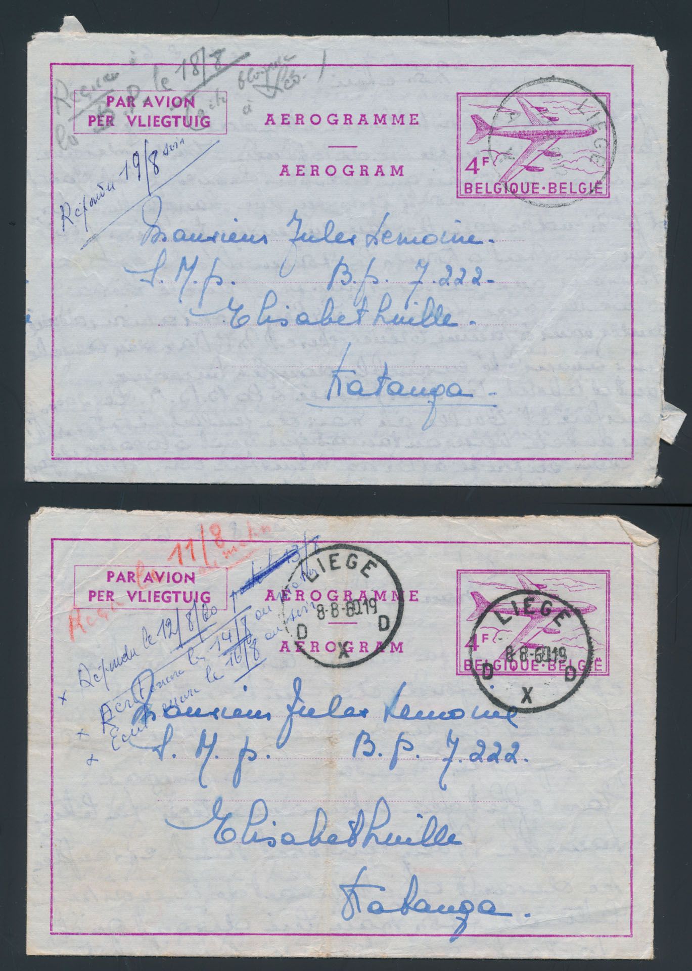 1960, 2 Belgian aerograms sent from Liege (08/08/60 and 12/09/60) sent to Elisabethville / Katanga Free State, interesting text about Belgian Refugees, uncommon, vf/f/to be checked