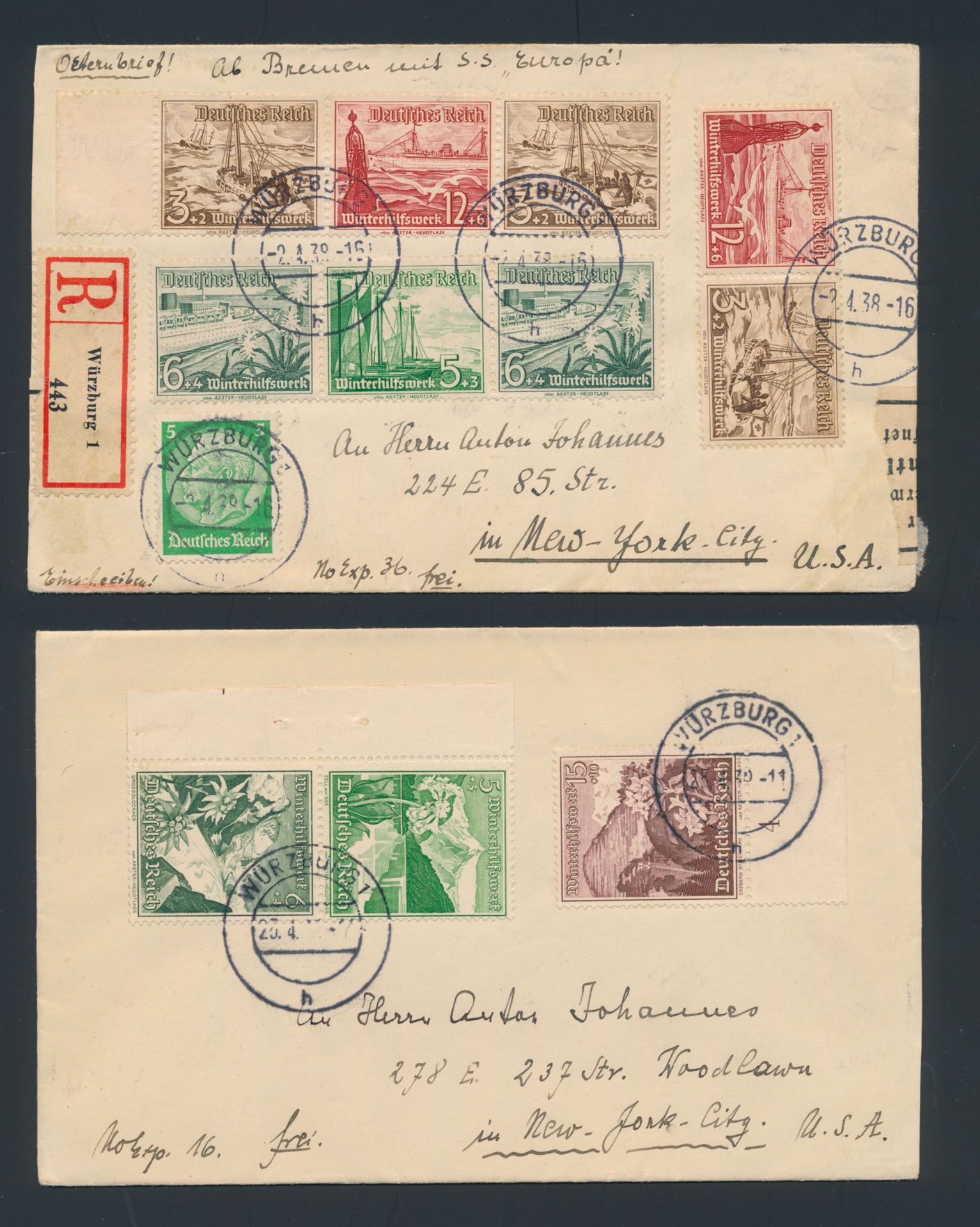 1935/1940, 8 letters franked with Zusammendrücke, vf.