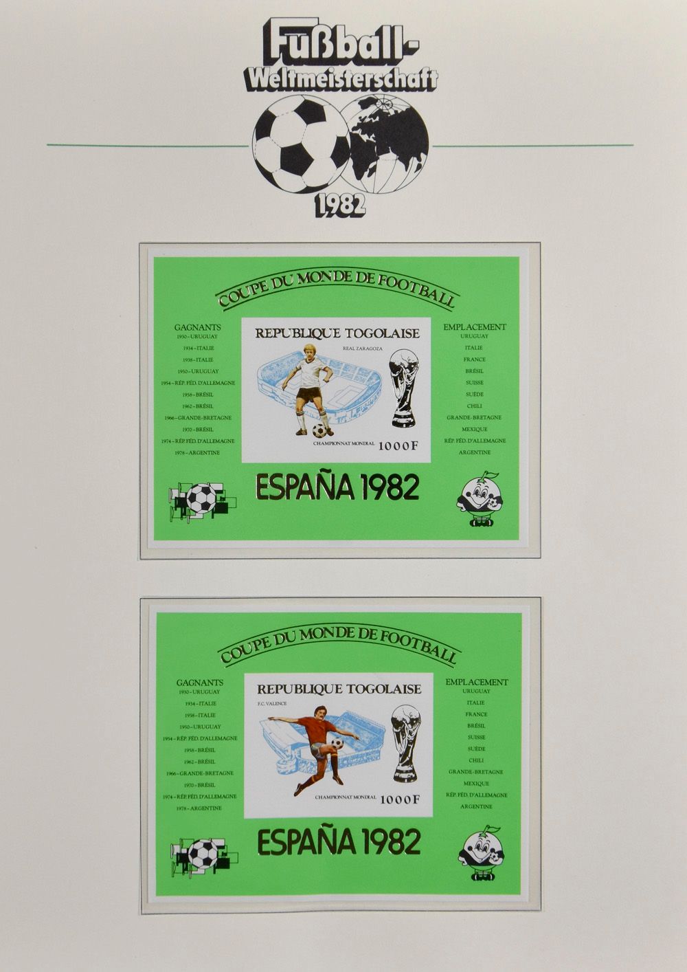 Voetbal - Spanje 82, in 4 voordrukalbums FuBball-Weltmeisterschaft 1982 - In Duits - Verlag Richard Borek Braunschweig, met voorwoord Jupp Derwall (Duitse Bondscoach), met handtekening en genummerde editie N° 2426, zm