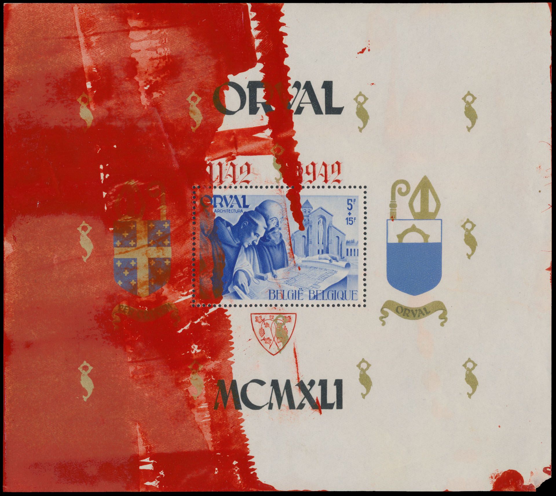 BL 24-Cu, Gothic numerals, perforated, NOT numbered, red colour, with spectacular red colour stains on front and back, vf (OBP ++€220)