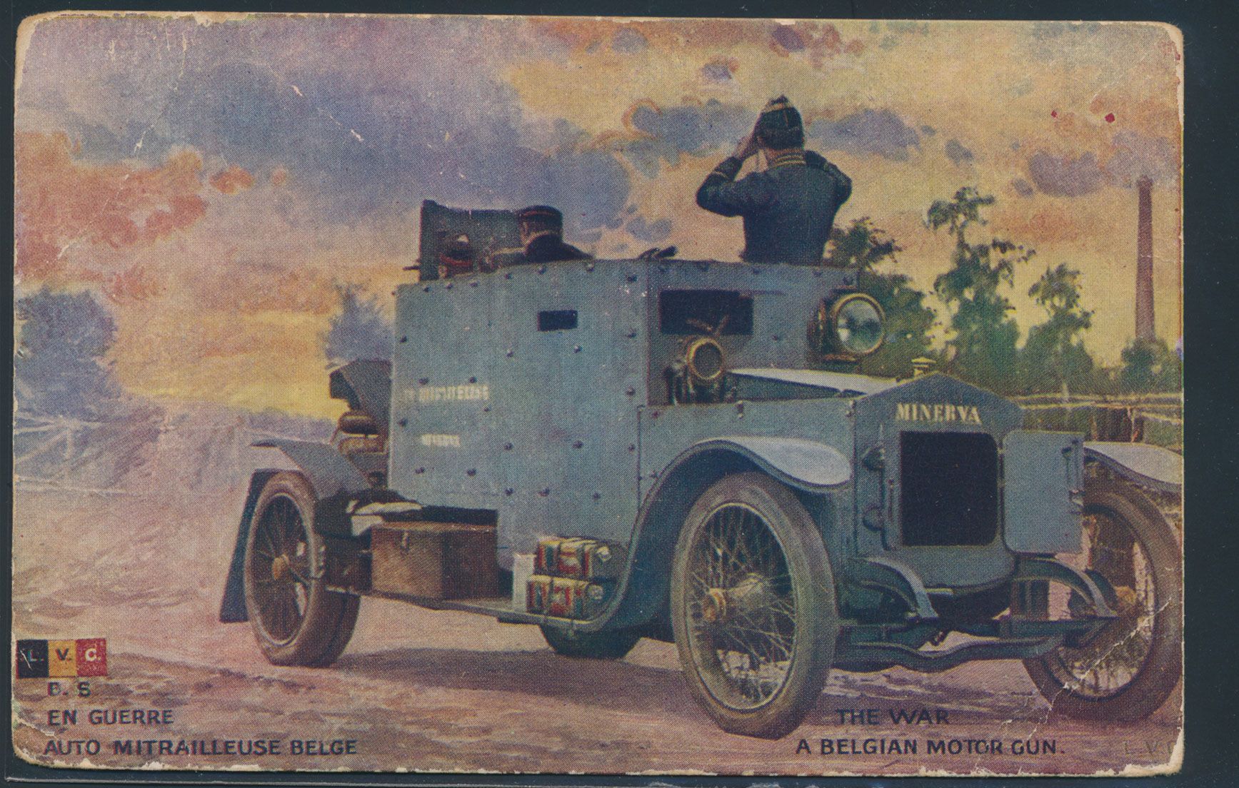 Gekleurde zichtkaart 'Belg. en guerre/ Auto mitrailleuse Belge/ The war a Belgian motor gun- MINERVA', zm/m.