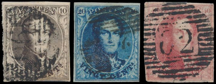 Nos 3/5, tous marges de toutes côtés, avec quelques marges plus larges, le n° 5 a un voisin et porte l'oblitération P.62-Huy, très bel aspect, zm (OBP €760).