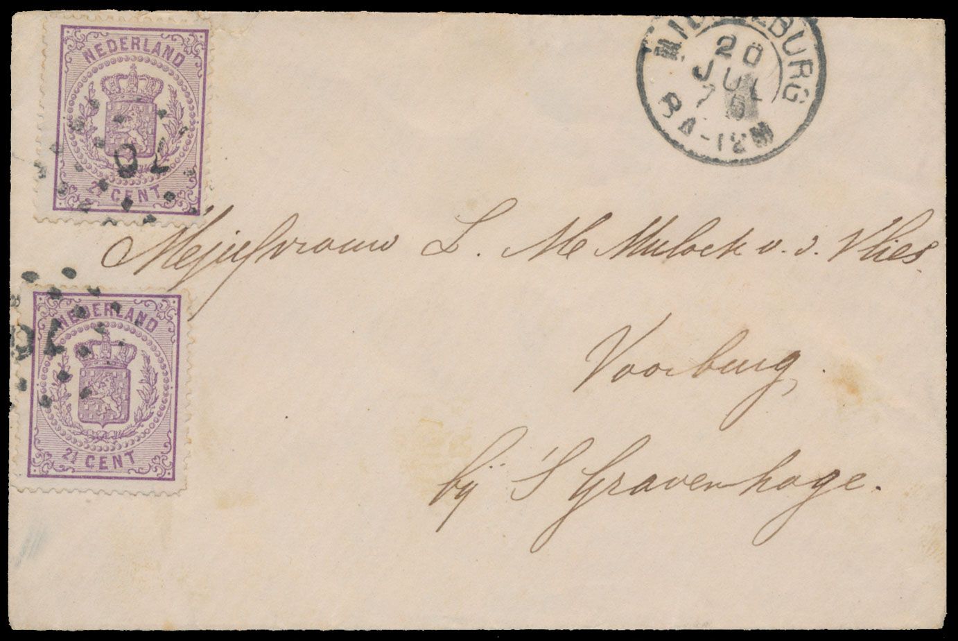 1870, brief van Middelburg naar 'S Gravenhage, met zeer mooie frankering N° 18 'Rijkswapen 2 1/2 cent violet' (2x), zegels zeer mooi, brief iets ruw geopend, prachtig en zeldzaam.