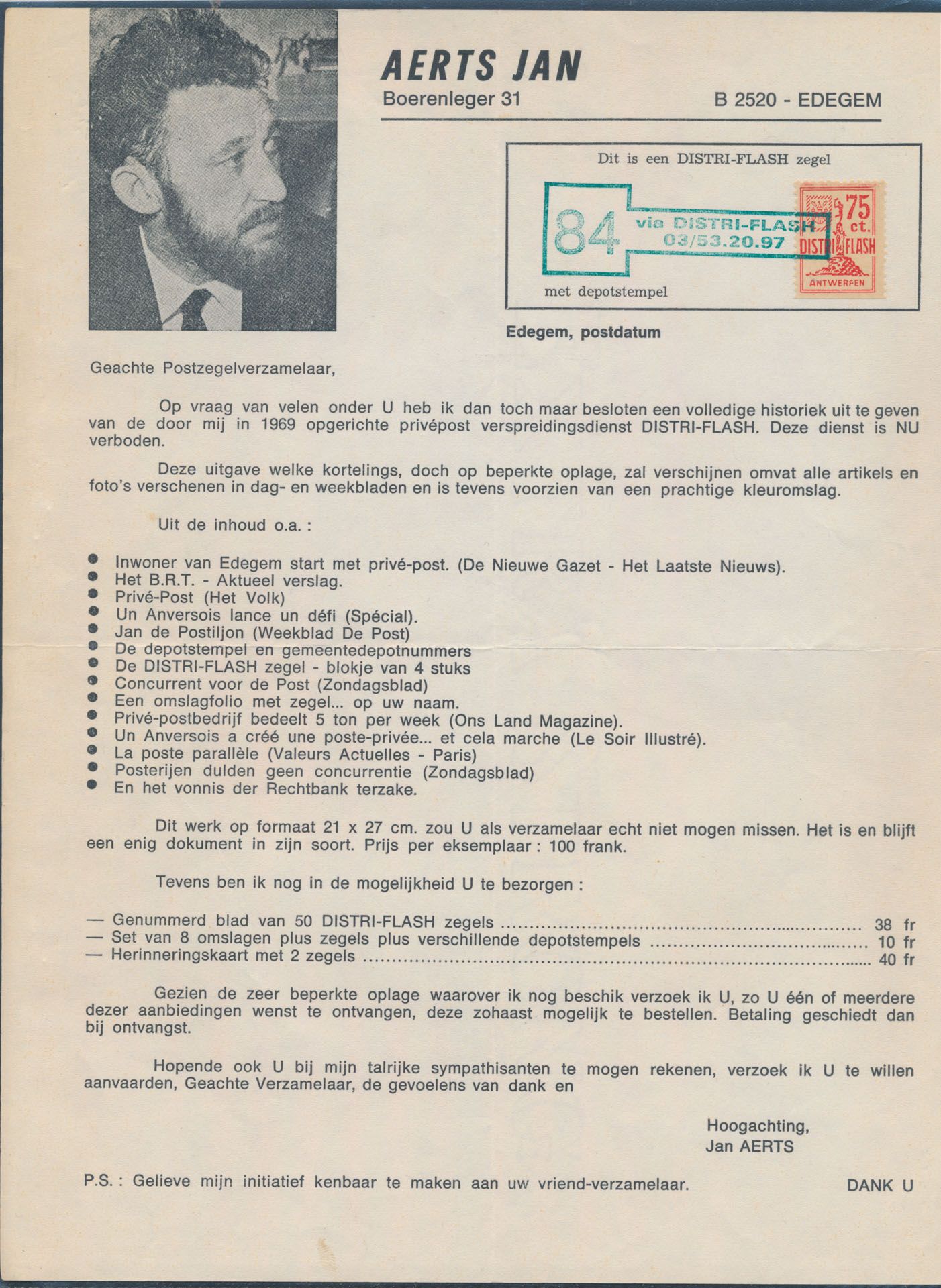 LO 20 'Distri Flash' de zegel op document + interessante documentatie, opgesteld door de bedenker Aerts Jan
