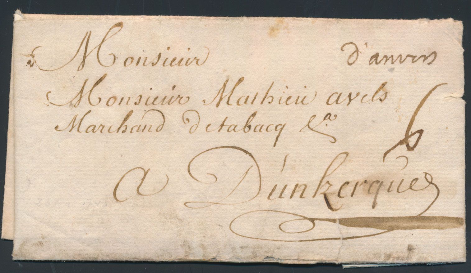 1743, voorloper met inhoud, vanuit Antwerpen, Herlant 7 (type 1 - manuscript d'Anvers), dd. 23 mei 1743, naar Duinkerke, de briefaanhef vermeld 