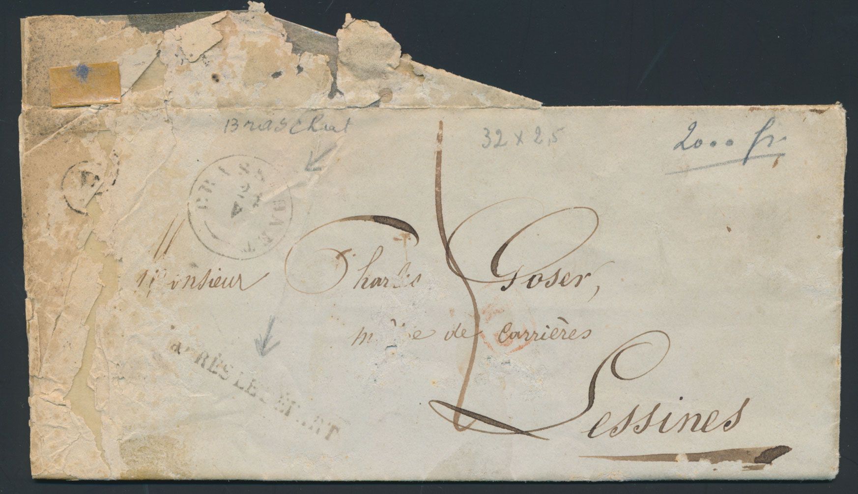 1847, voorloper met inhoud, vanuit Brasschaet (Type 18) zowel op voor- als keerzijde, dd. 23 mei 1847, naar Lessines, spoor van postbusstempel 