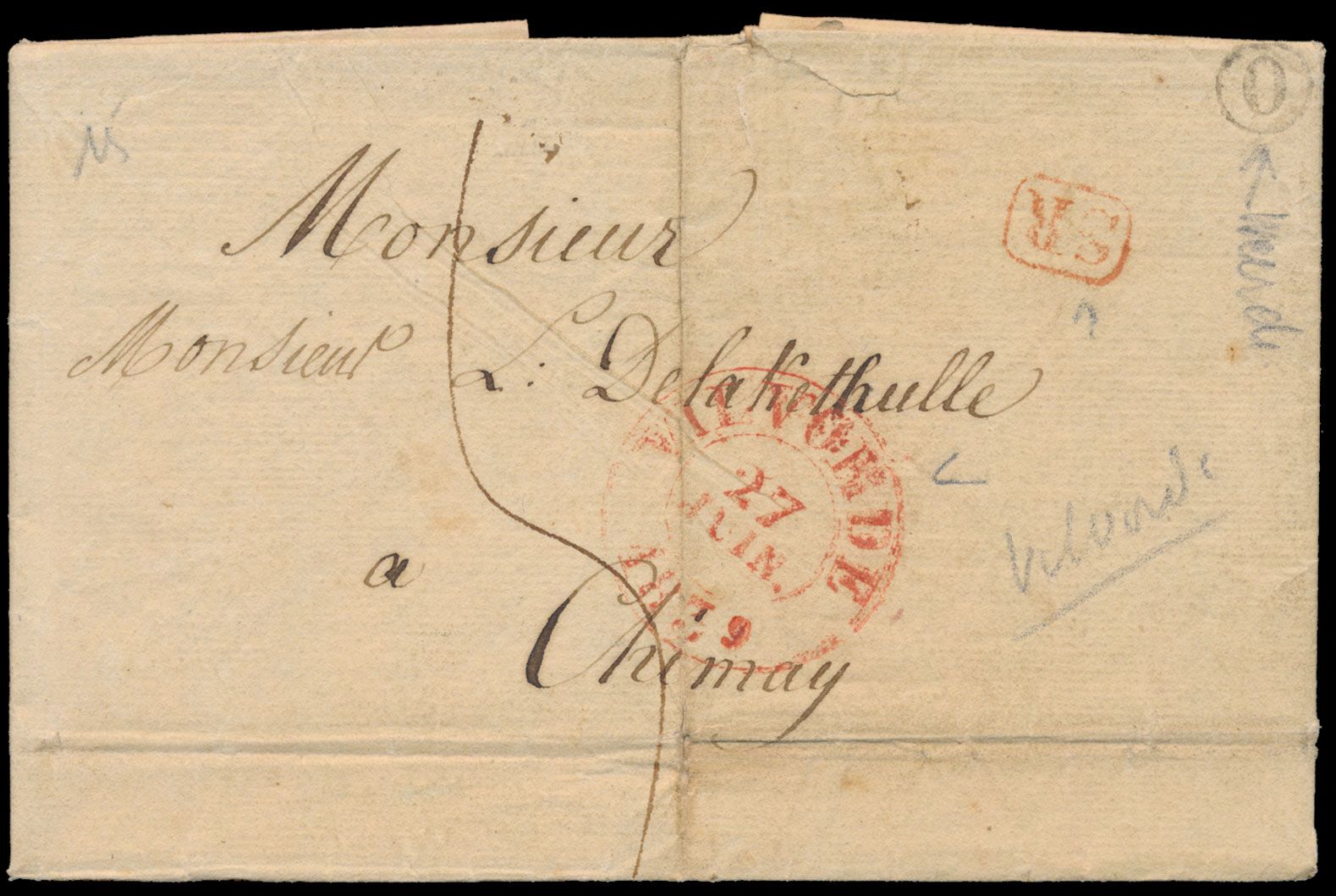 1839, voorloper met inhoud Latijn, met info van de familie Gislenis en vermelding St. Nicolai in Flandria (Sint-Niklaas), dd. 23 juni 1839, briefaanhef is Weerde (bij Vilvoorde), vertrekstempel Vilvorde (Herlant 14), met postbusstempel 